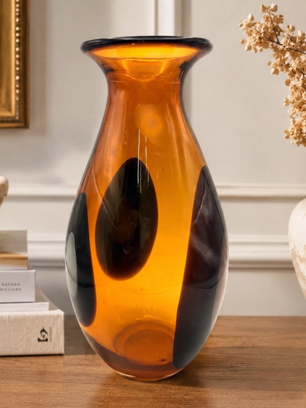 UNIQUE Vintage Crystalex Novy Bor Amber Black Art Glass Vase MCM Retro 12"